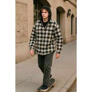 Wrangler Shacket L White Black Buffalo Plaid Hooded Quilt Lined Workwear Grunge